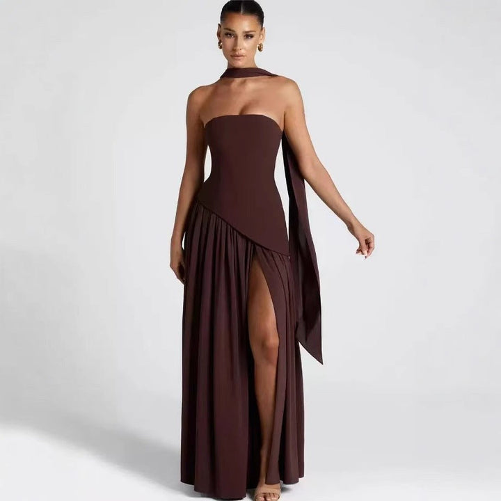 Sabine | Women's Strapless Maxi Dress with Leg Split, Formal Wedding Guest Dress | Animated Apparel | Red