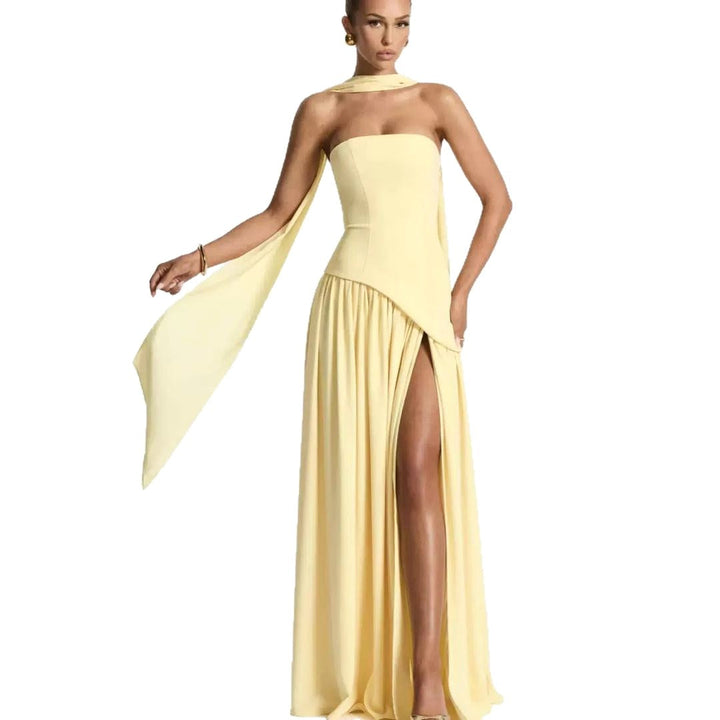 Sabine | Women's Strapless Maxi Dress with Leg Split, Formal Wedding Guest Dress | Animated Apparel | Green
