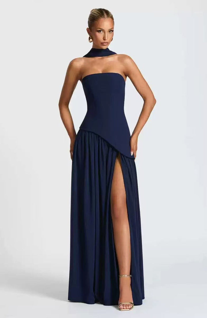 Sabine | Women's Strapless Maxi Dress with Leg Split, Formal Wedding Guest Dress | Animated Apparel | Dark blue