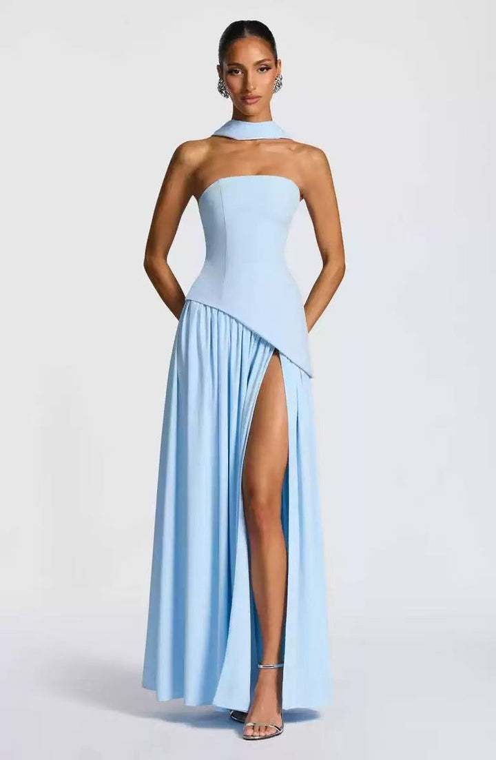 Sabine | Women's Strapless Maxi Dress with Leg Split, Formal Wedding Guest Dress | Animated Apparel | Brown
