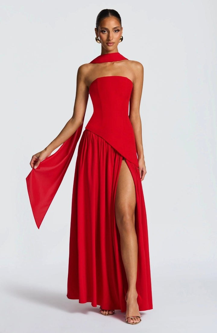 Sabine | Women's Strapless Maxi Dress with Leg Split, Formal Wedding Guest Dress | Animated Apparel | Yellow