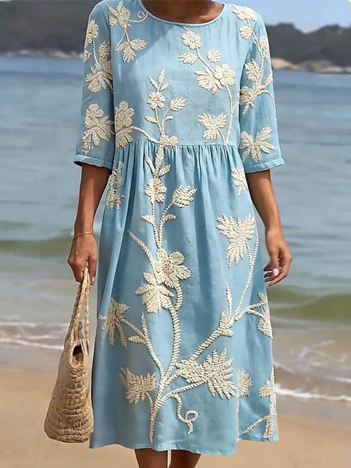 Saffron | Women's Floral Round Neck Midi Dress - Light Pink