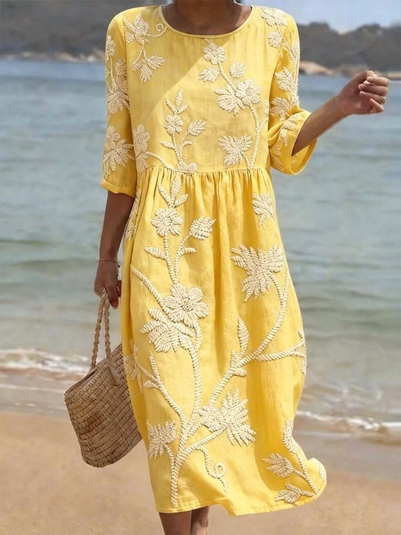 Saffron | Women's Floral Round Neck Midi Dress - Grey