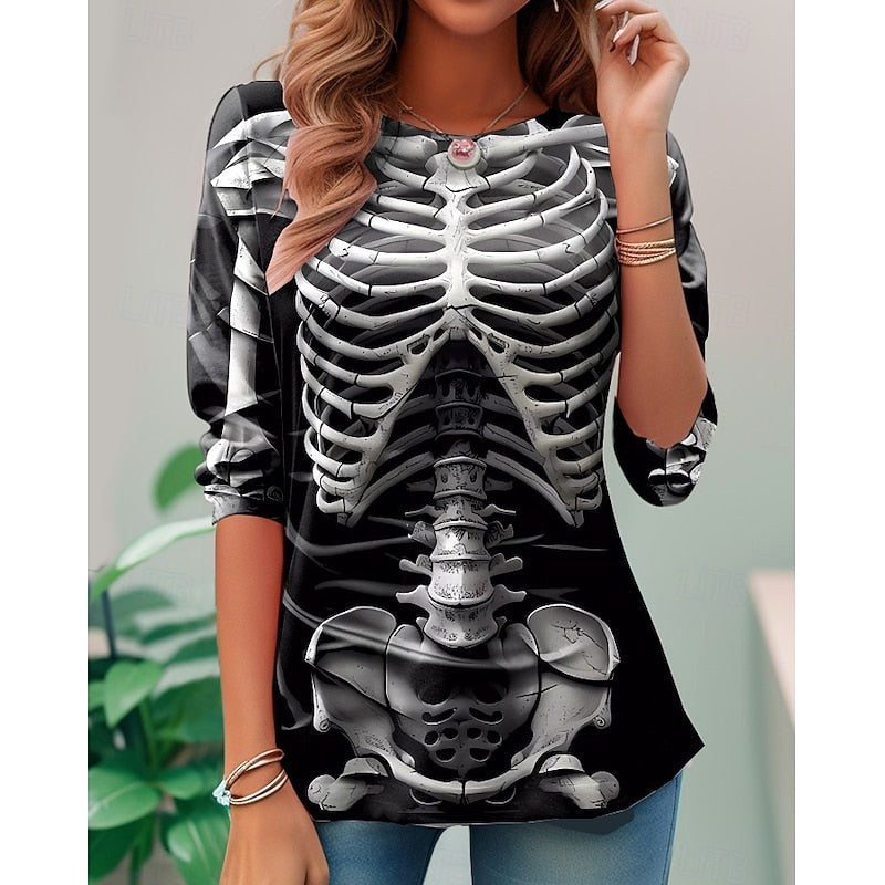 Samantha | Women's Halloween Skeleton Long-Sleeve Top, Festive Graphic Tee | Animated Apparel | Black