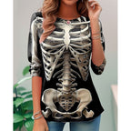Samantha | Women's Halloween Skeleton Long-Sleeve Top, Festive Graphic Tee | Animated Apparel | Dark Gray