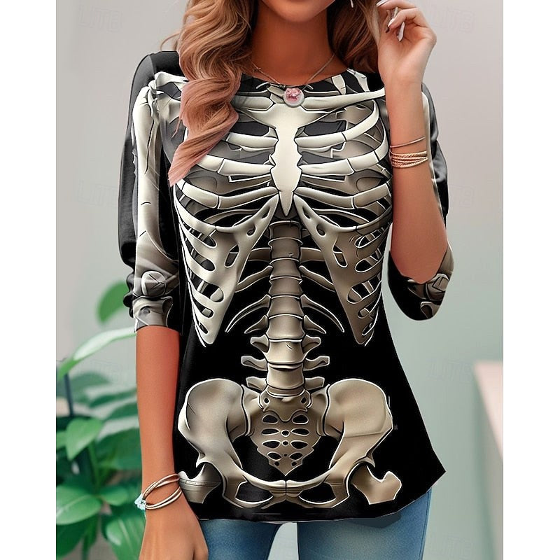 Samantha | Women's Halloween Skeleton Long-Sleeve Top, Festive Graphic Tee | Animated Apparel | Dark Gray