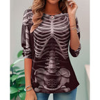 Samantha | Women's Halloween Skeleton Long-Sleeve Top, Festive Graphic Tee | Animated Apparel | Wine