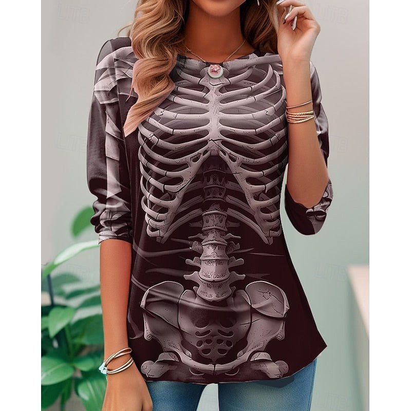 Samantha | Women's Halloween Skeleton Long-Sleeve Top, Festive Graphic Tee | Animated Apparel | Wine