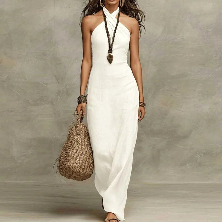 Savannah | Women's Bohemian Halter Linen Dress - White