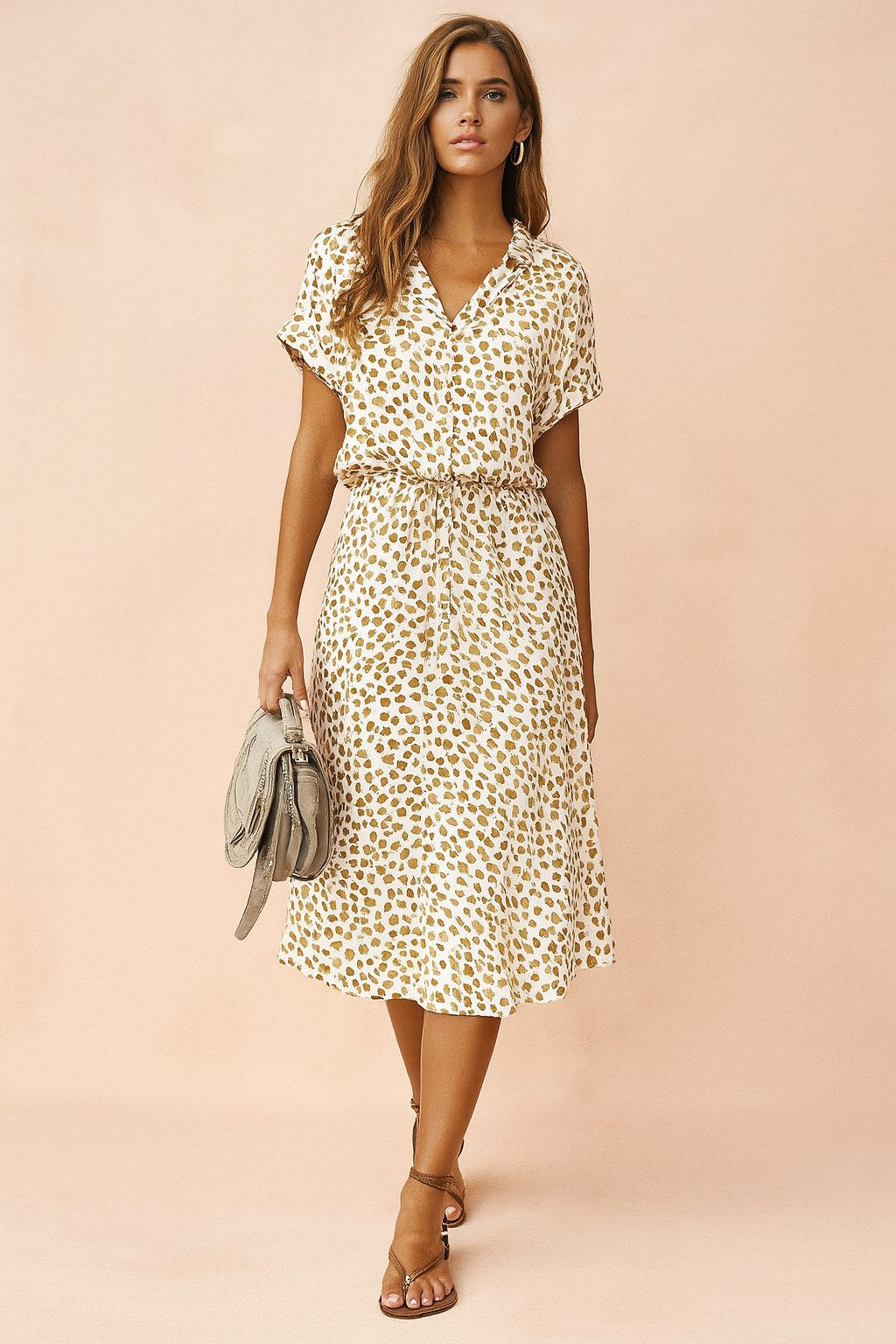 Savannah | Women's Boho Midi Dress with Tie Waist - Beige