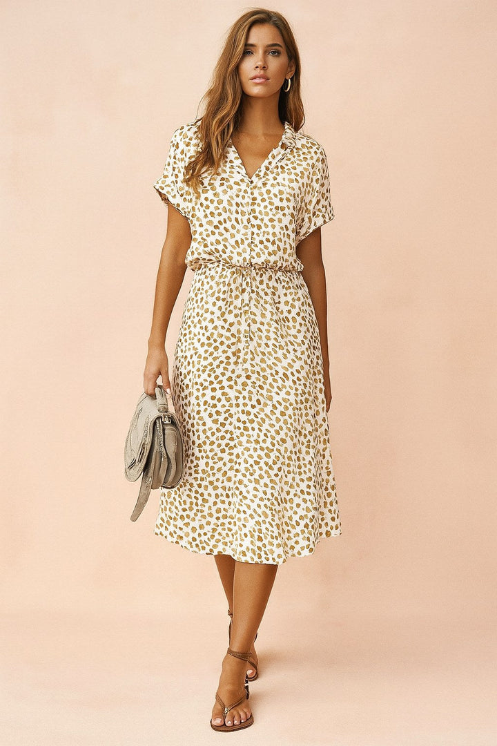Savannah | Women's Boho Midi Dress with Tie Waist - Beige