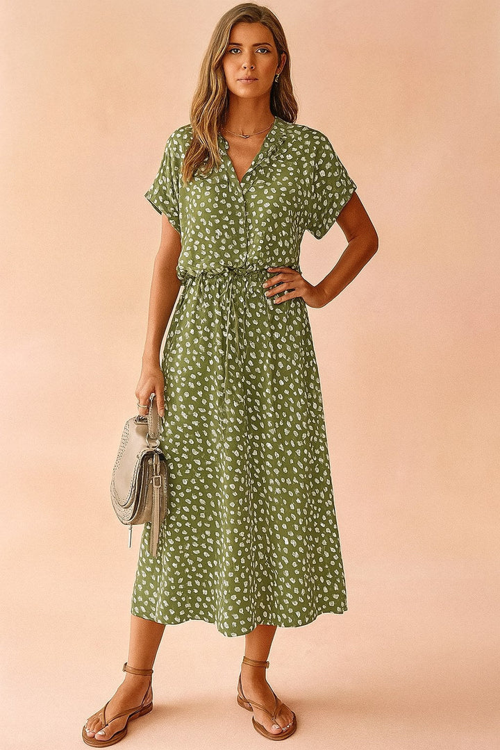 Savannah | Women's Boho Midi Dress with Tie Waist - Green