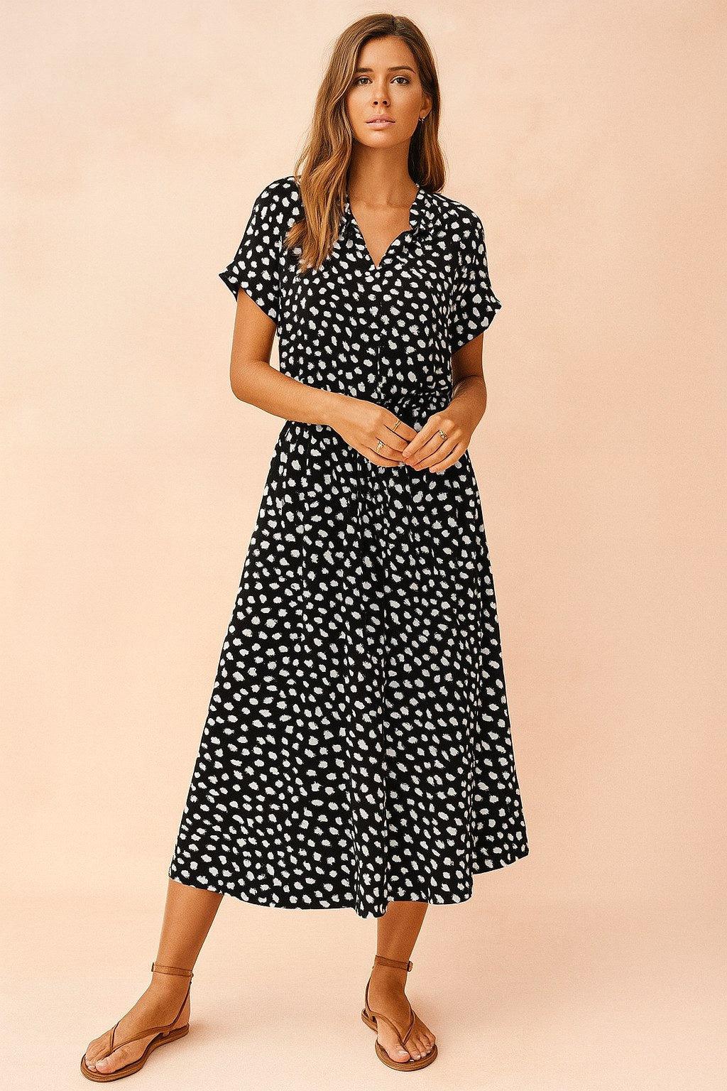 Savannah | Women's Boho Midi Dress with Tie Waist - Black