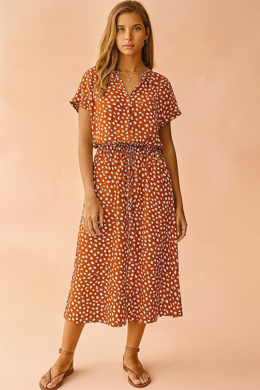 Savannah | Women's Boho Midi Dress with Tie Waist - Orange
