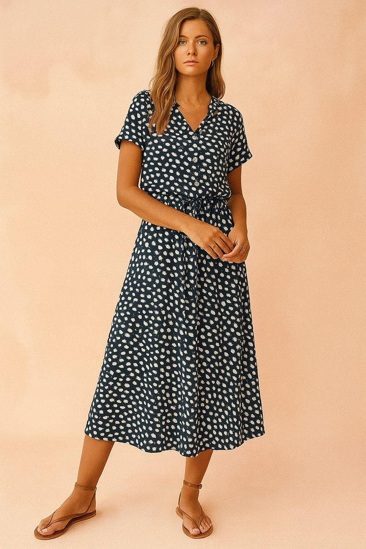 Savannah | Women's Boho Midi Dress with Tie Waist - Blue