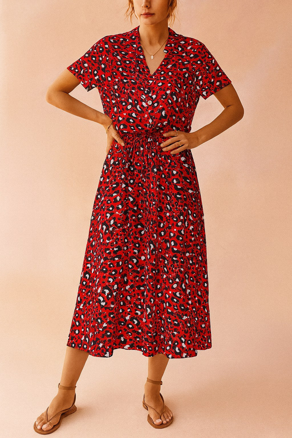 Savannah | Women's Boho Midi Dress with Tie Waist - Red
