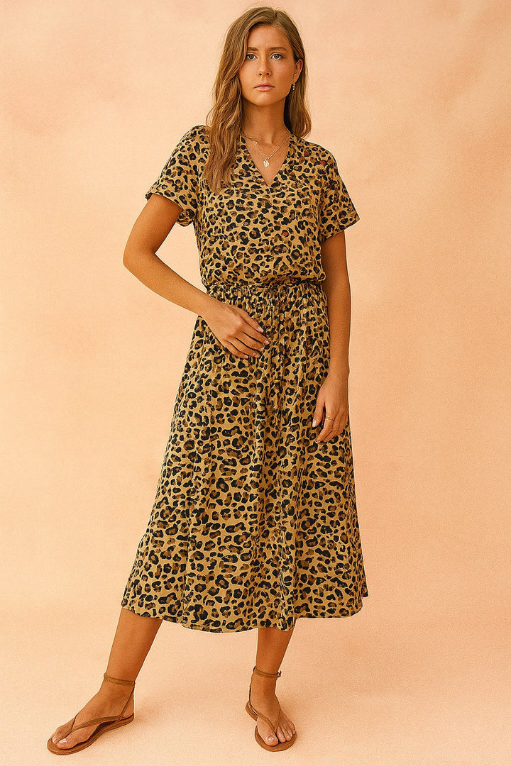 Savannah | Women's Boho Midi Dress with Tie Waist - Khaki