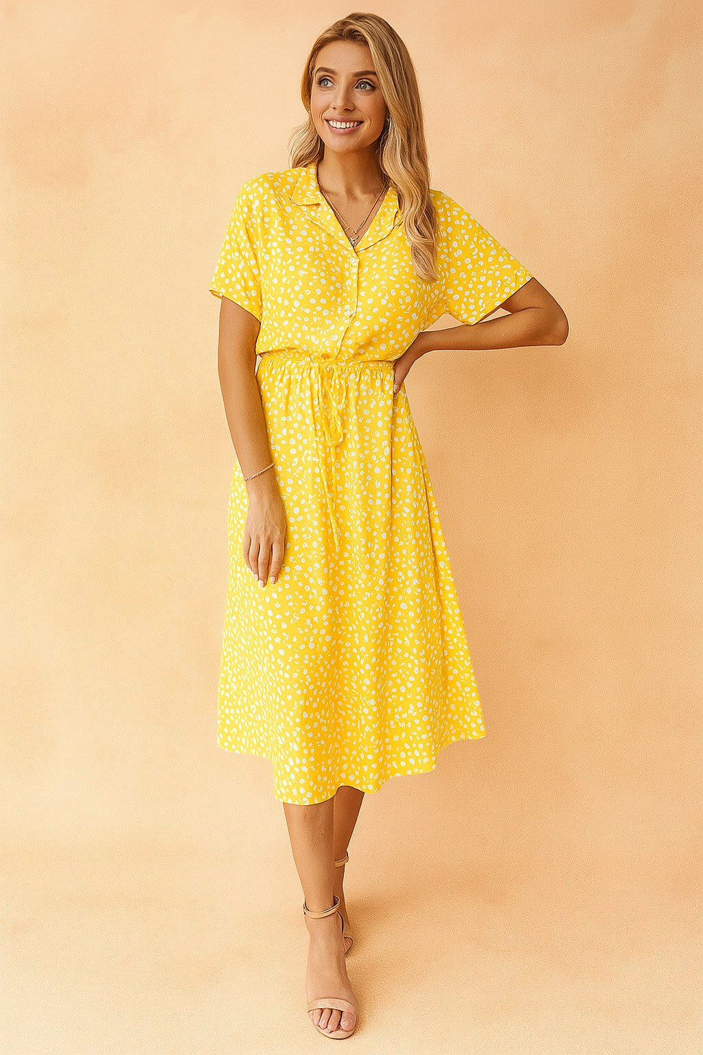 Savannah | Women's Boho Midi Dress with Tie Waist - Yellow