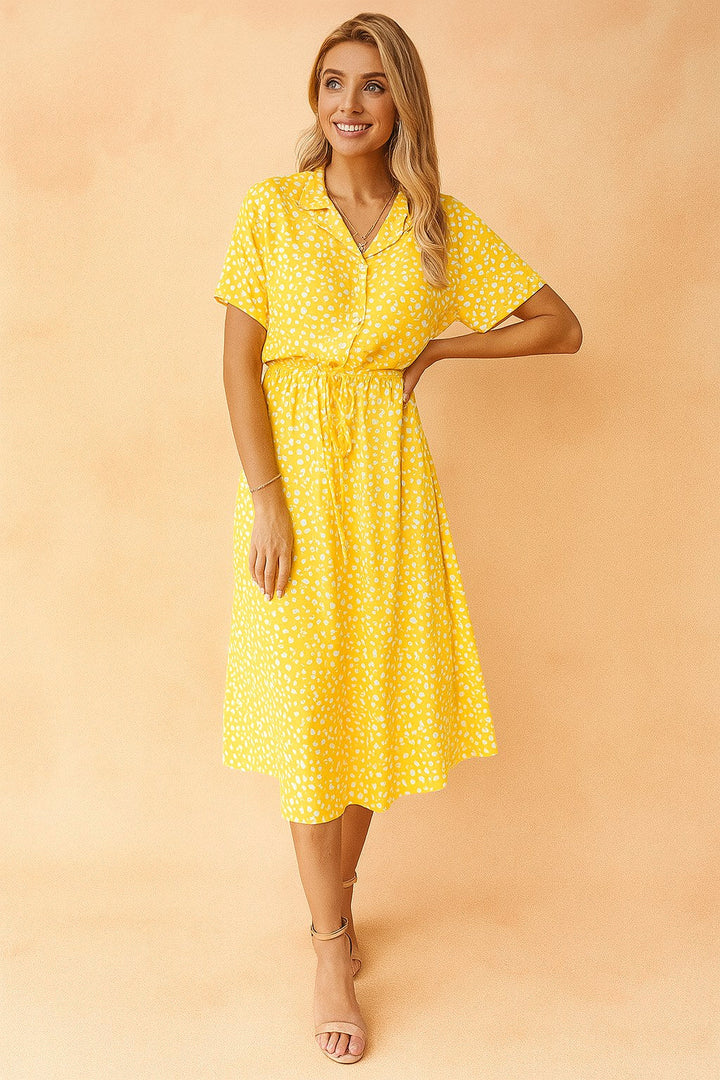 Savannah | Women's Boho Midi Dress with Tie Waist - Yellow