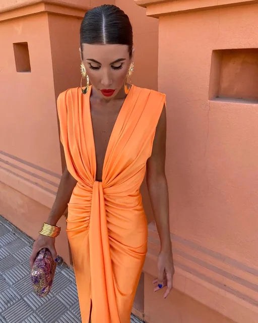 Savannah | Women's Elegant V-Neck Maxi Dress with Drape - Arancione