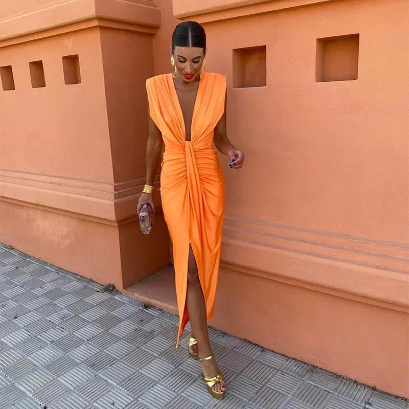 Savannah | Women's Elegant V-Neck Maxi Dress with Drape - Blu