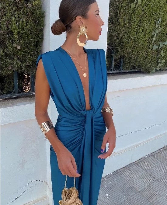 Savannah | Women's Elegant V-Neck Maxi Dress with Drape - Rosa