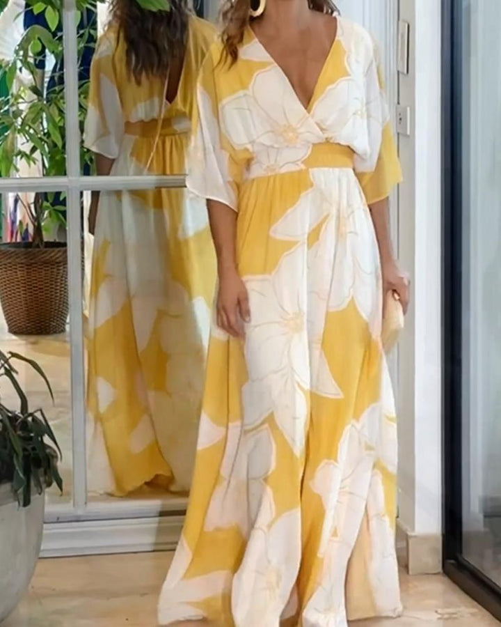Savannah | Women's Floral Midi Dress - Yellow