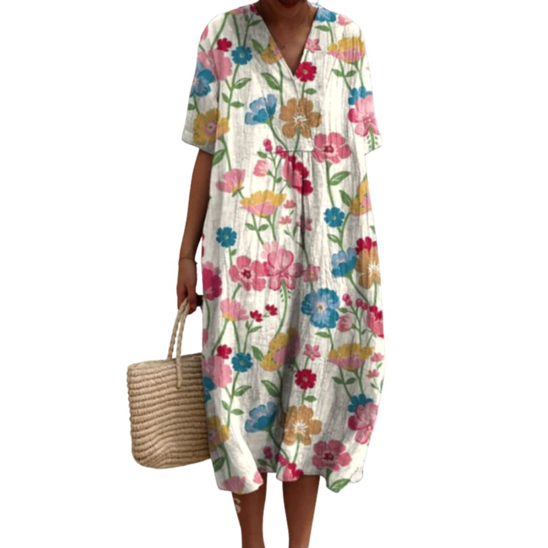 Savannah | Women's Floral V-Neck Cotton Midi Dress - Floral