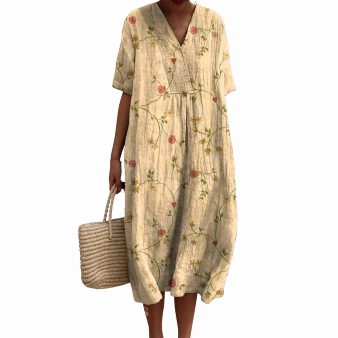 Savannah | Women's Floral V-Neck Cotton Midi Dress - Beige