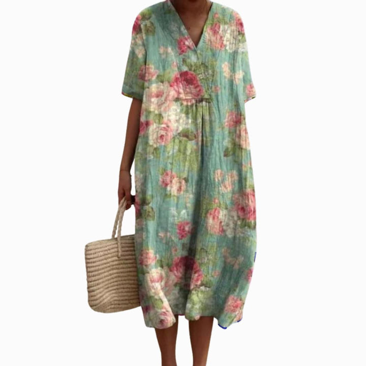 Savannah | Women's Floral V-Neck Cotton Midi Dress - Aqua Mint