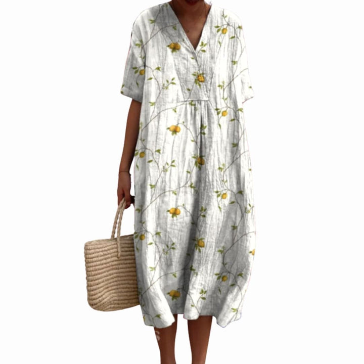 Savannah | Women's Floral V-Neck Cotton Midi Dress - White with Yellow