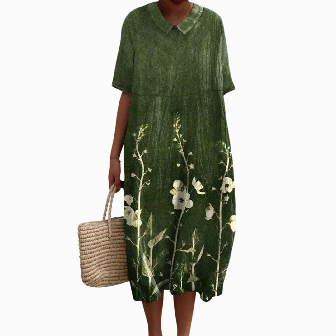 Savannah | Women's Floral V-Neck Cotton Midi Dress - Green