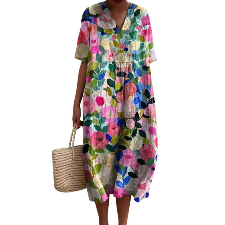 Savannah | Women's Floral V-Neck Cotton Midi Dress - Pink