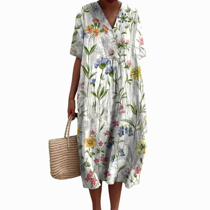 Savannah | Women's Floral V-Neck Cotton Midi Dress - White