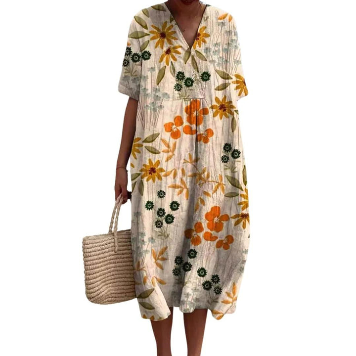 Savannah | Women's Floral V-Neck Cotton Midi Dress - Yellow