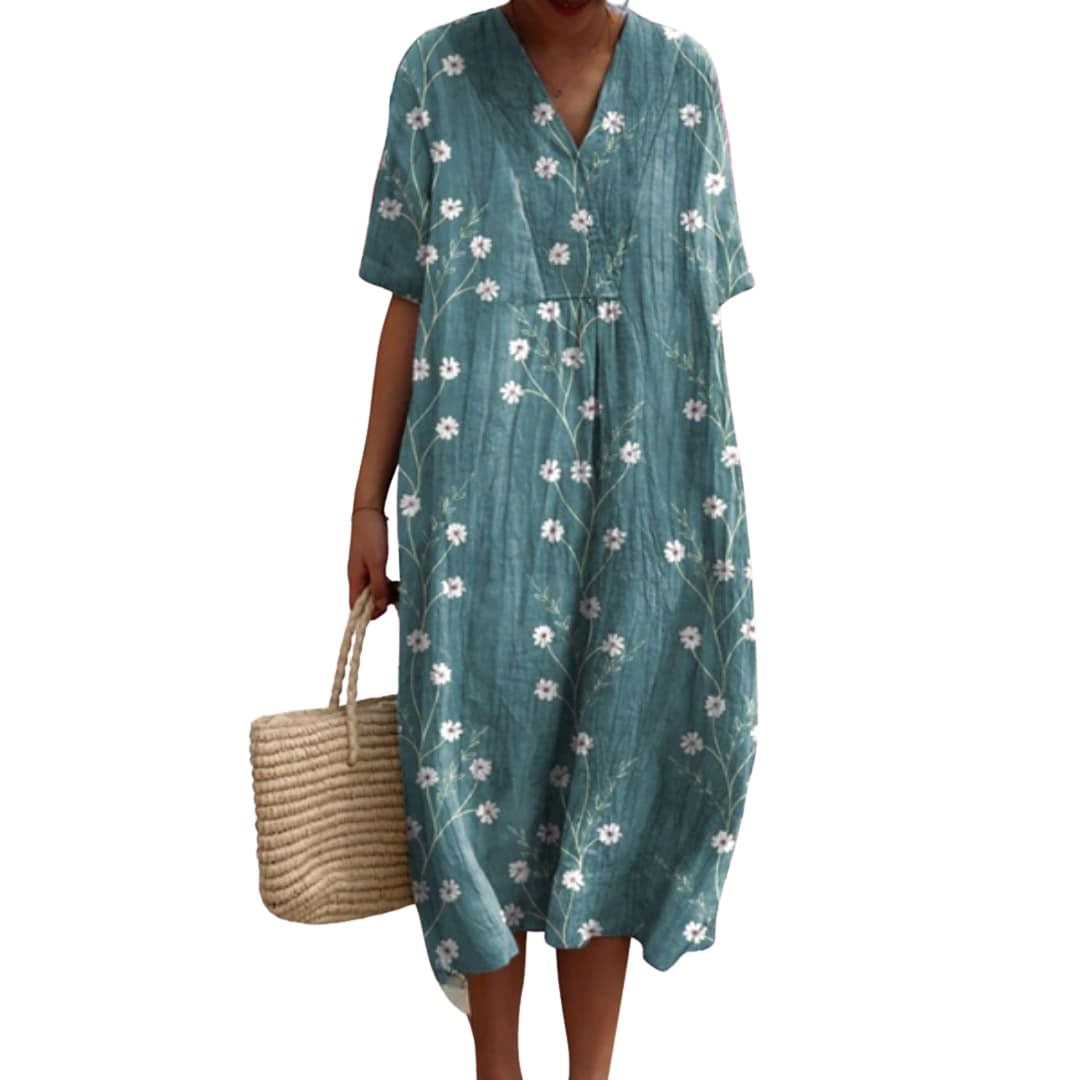 Savannah | Women's Floral V-Neck Cotton Midi Dress - Sage Green