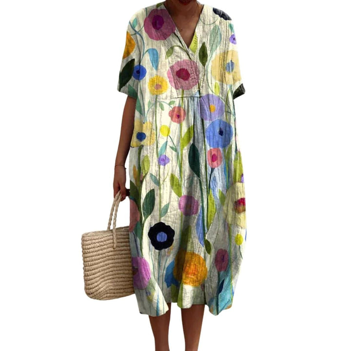 Savannah | Women's Floral V-Neck Cotton Midi Dress - MultiColour