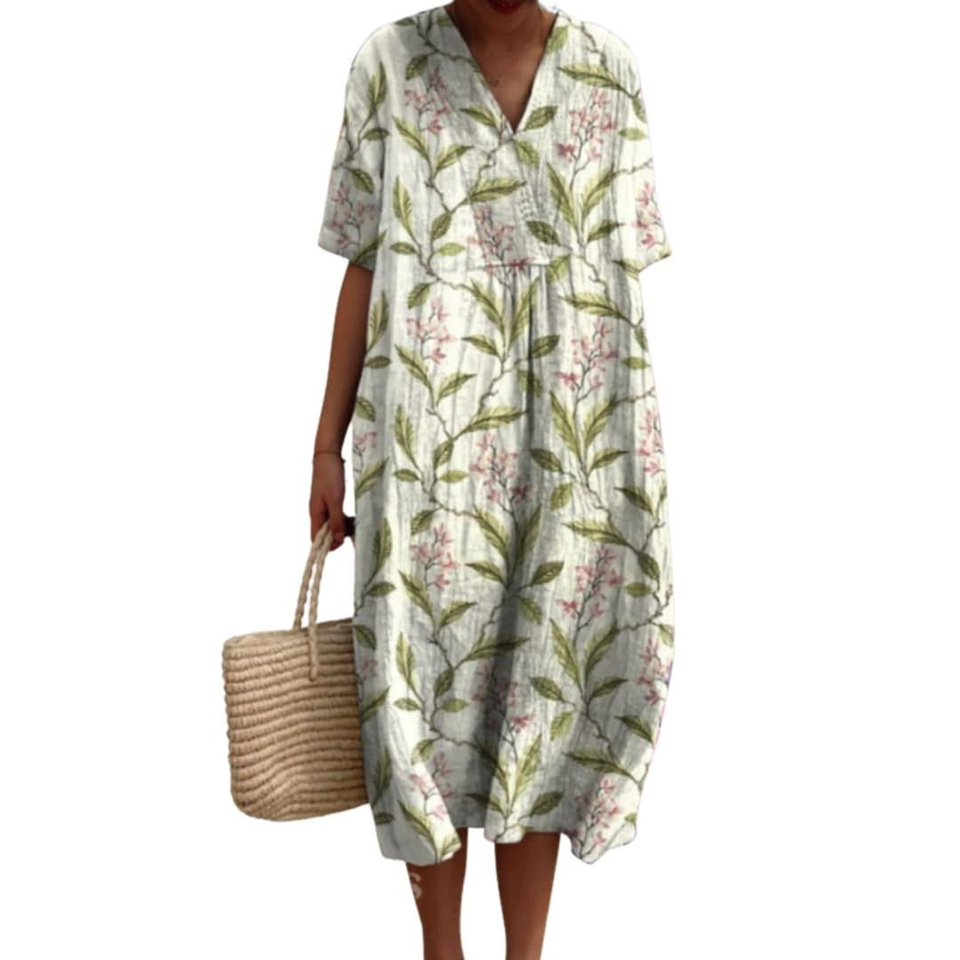 Savannah | Women's Floral V-Neck Cotton Midi Dress - Olive Green