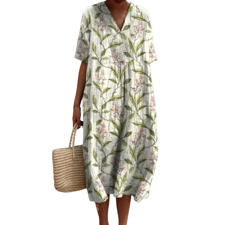 Savannah | Women's Floral V-Neck Cotton Midi Dress - Olive Green