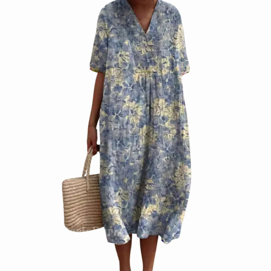 Savannah | Women's Floral V-Neck Cotton Midi Dress - Blue