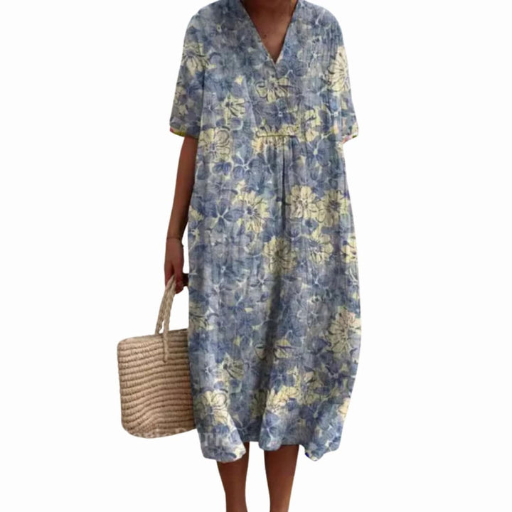 Savannah | Women's Floral V-Neck Cotton Midi Dress - Blue