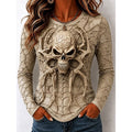 Savannah | Women's Halloween Skull Long Sleeve Top, Graphic Print Crew Neck Top | Animated Apparel | Khaki