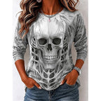Savannah | Women's Halloween Skull Long Sleeve Top, Graphic Print Crew Neck Top | Animated Apparel | Charcoal Grey