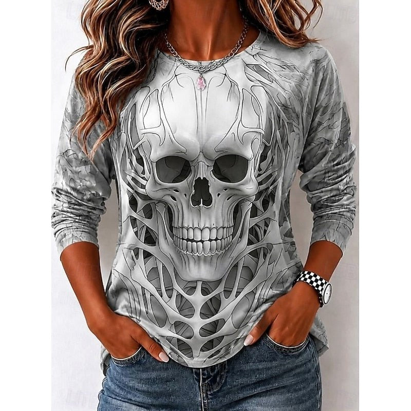 Savannah | Women's Halloween Skull Long Sleeve Top, Graphic Print Crew Neck Top | Animated Apparel | Charcoal Grey
