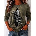 Savannah | Women's Halloween Skull Long Sleeve Top, Graphic Print Crew Neck Top | Animated Apparel | Green