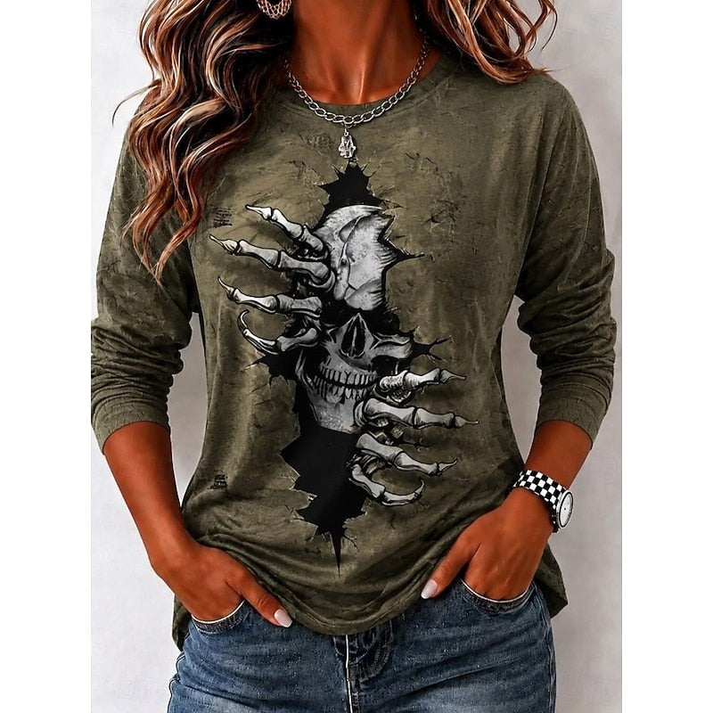 Savannah | Women's Halloween Skull Long Sleeve Top, Graphic Print Crew Neck Top | Animated Apparel | Green
