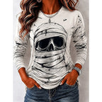 Savannah | Women's Halloween Skull Long Sleeve Top, Graphic Print Crew Neck Top | Animated Apparel | White
