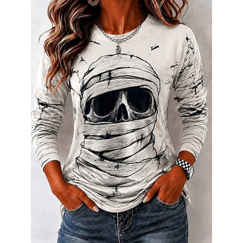 Savannah | Women's Halloween Skull Long Sleeve Top, Graphic Print Crew Neck Top | Animated Apparel | White