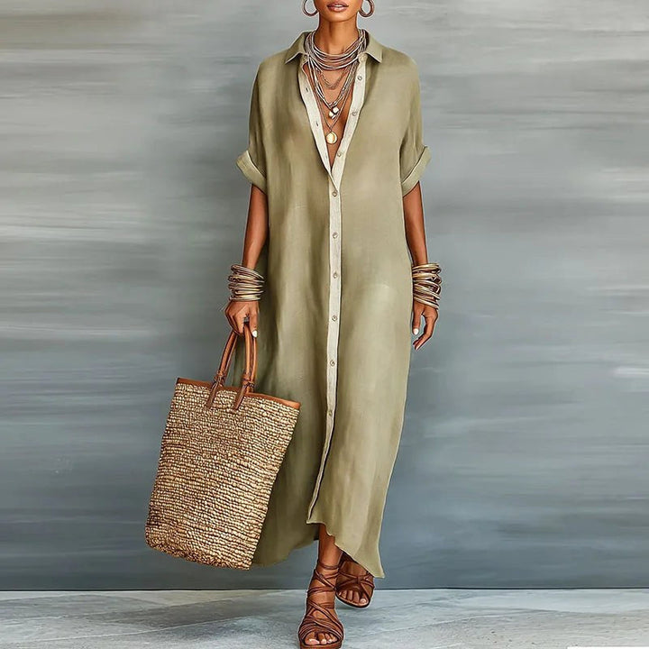 Savannah | Women's Linen Long Shirt Sundress - Khaki