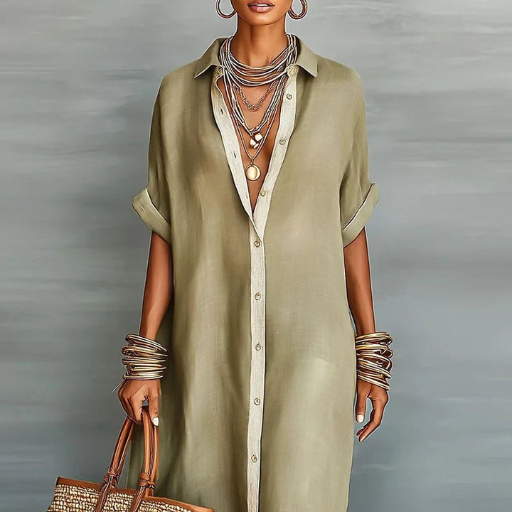 Savannah | Women's Linen Long Shirt Sundress - Green